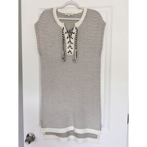 White + Warren Cotton Knit Tunic Sweater Dress Large Lace-Up Cream Black